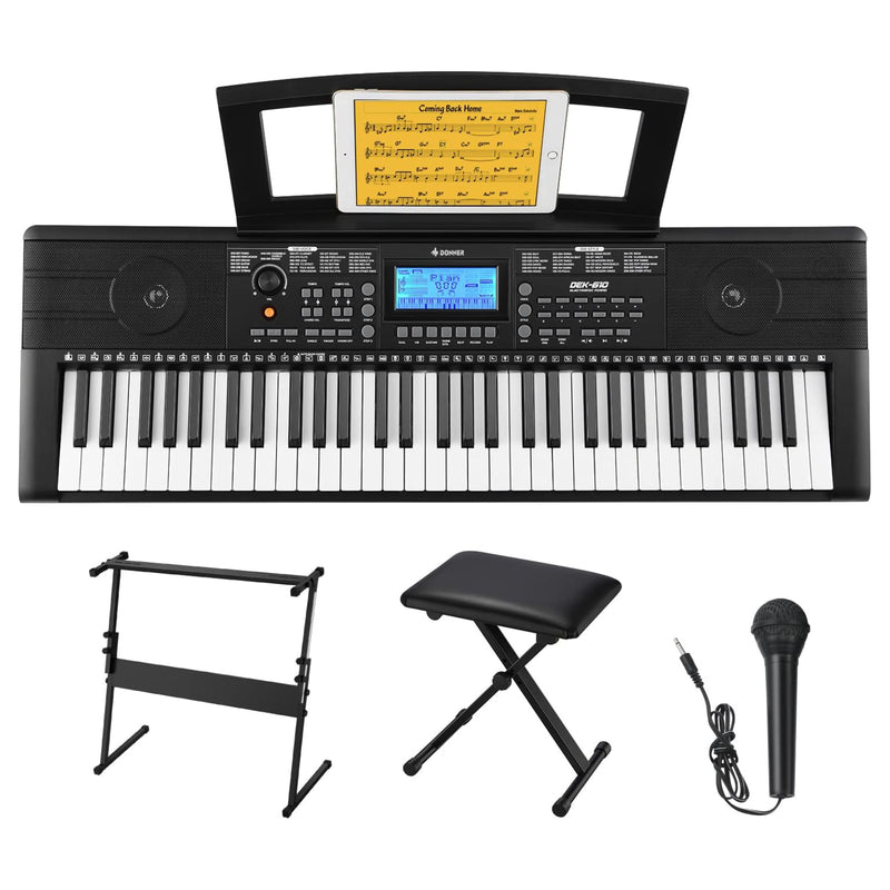 Donner DEK-610 61 Key Electric Keyboard Black with Piano Stand and Stool and Microphone