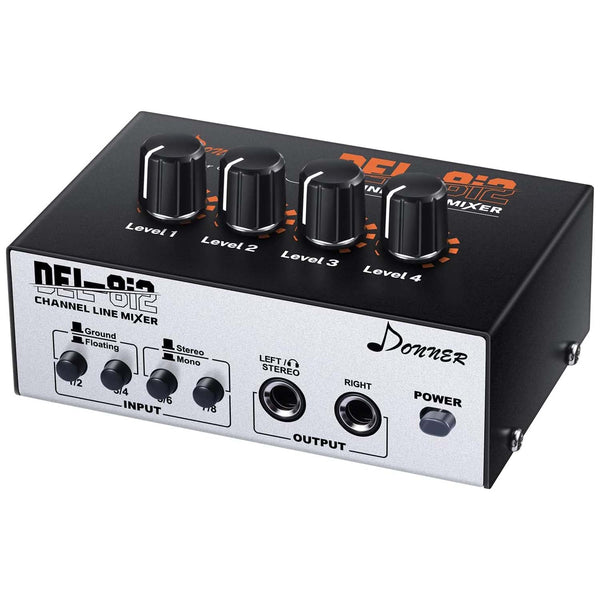 Donner Low-Noise Mini Audio 4 Channel Line Mixer as Microphones, Guitars, Keyboards or Stage Sub Mixer, Ideal for Small Clubs or Bars