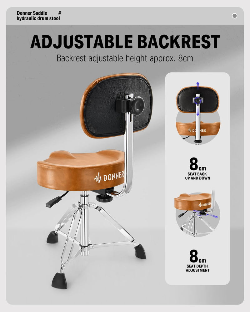 Donner Brown Drum Throne with Backrest Hydraulic Adjustable Height Motorcycle-Style Seat