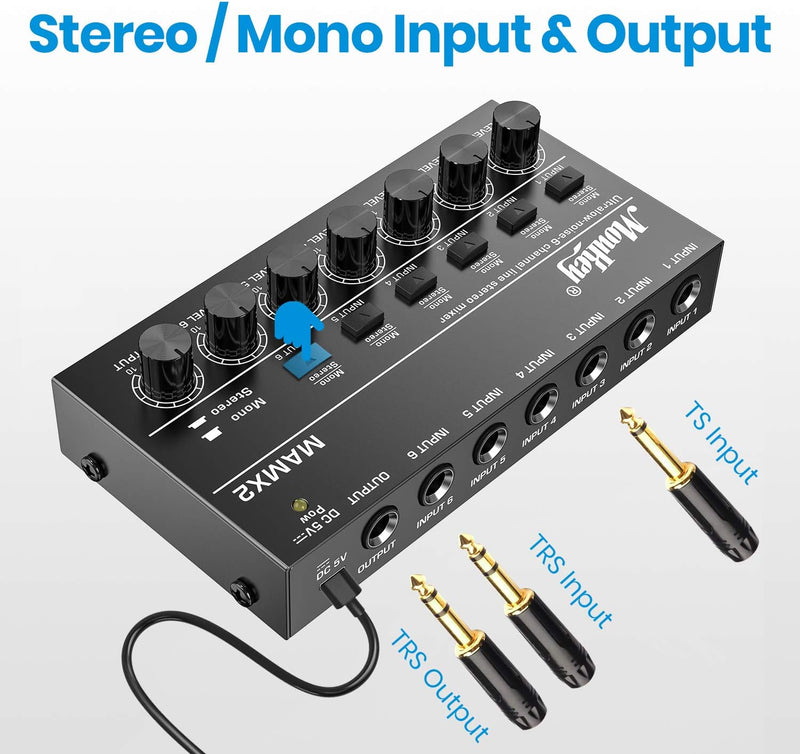 Moukey Audio Mixer Line Mixer, DC 5V, 6-Stereo Ultra, Low-Noise 6-Channel for Sub-Mixing, Ideal for Small Clubs or Bars, As Guitars, Bass, Keyboards Mixer, 2021 New Version-MAMX2