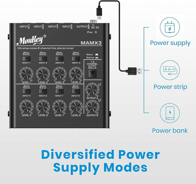 Moukey Audio Mixer Line Mixer, DC 5V, 8-Stereo Ultra, Low Noise 8-Channel for Sub-Mixing, Ideal for Small Clubs or Bars, As Guitars, Bass, Keyboards Mixer, 2022 New Version-MAMX3
