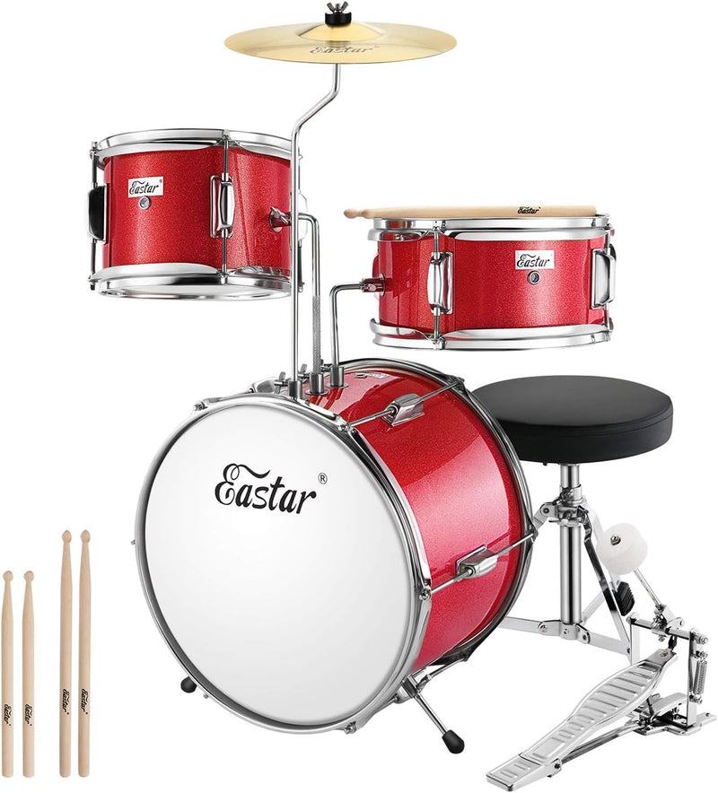 Eastar Drum Set for Kids and Beginners, 3-Piece 14'' Drum Kit with Adjustable Throne, Cymbal, Pedal & Two Pairs of Drumsticks, Junior Drum Set with Bass Tom Snare Drum, Metallic Red