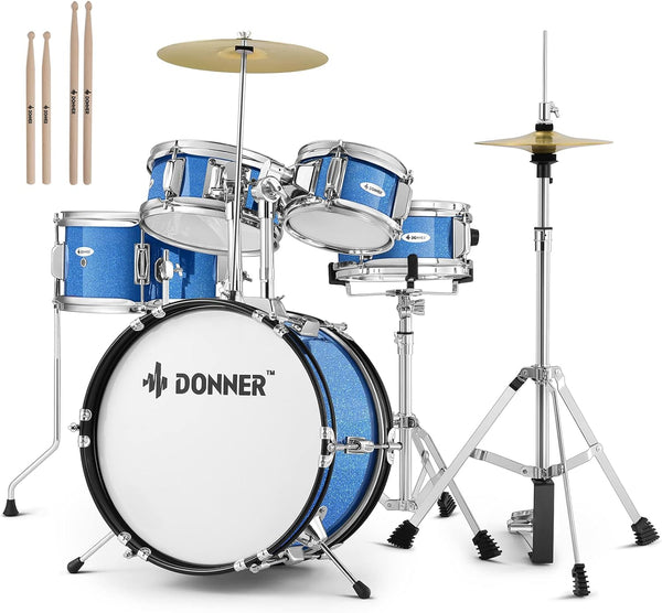 Donner Kids Size Drums Sets 14" 5-Piece Complete Drum Kit for Child Beginners, Percussion Musical Toy, Metallic Blue