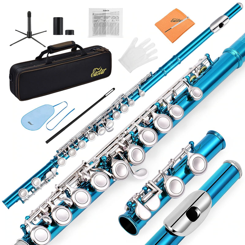 Eastar EFL-1SB 16-Key Flute Set Scale C Closed Hole Sky Blue Nickel Plated Beginner with Case Stand Gloves Cleaning Rod and Cloth