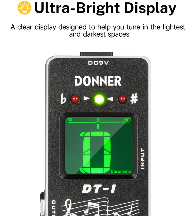 Donner DT-1 2-Mode Tuner Pedal Chromatic LCD Screen Pitch Indicator for Guitar Bass True Bypass